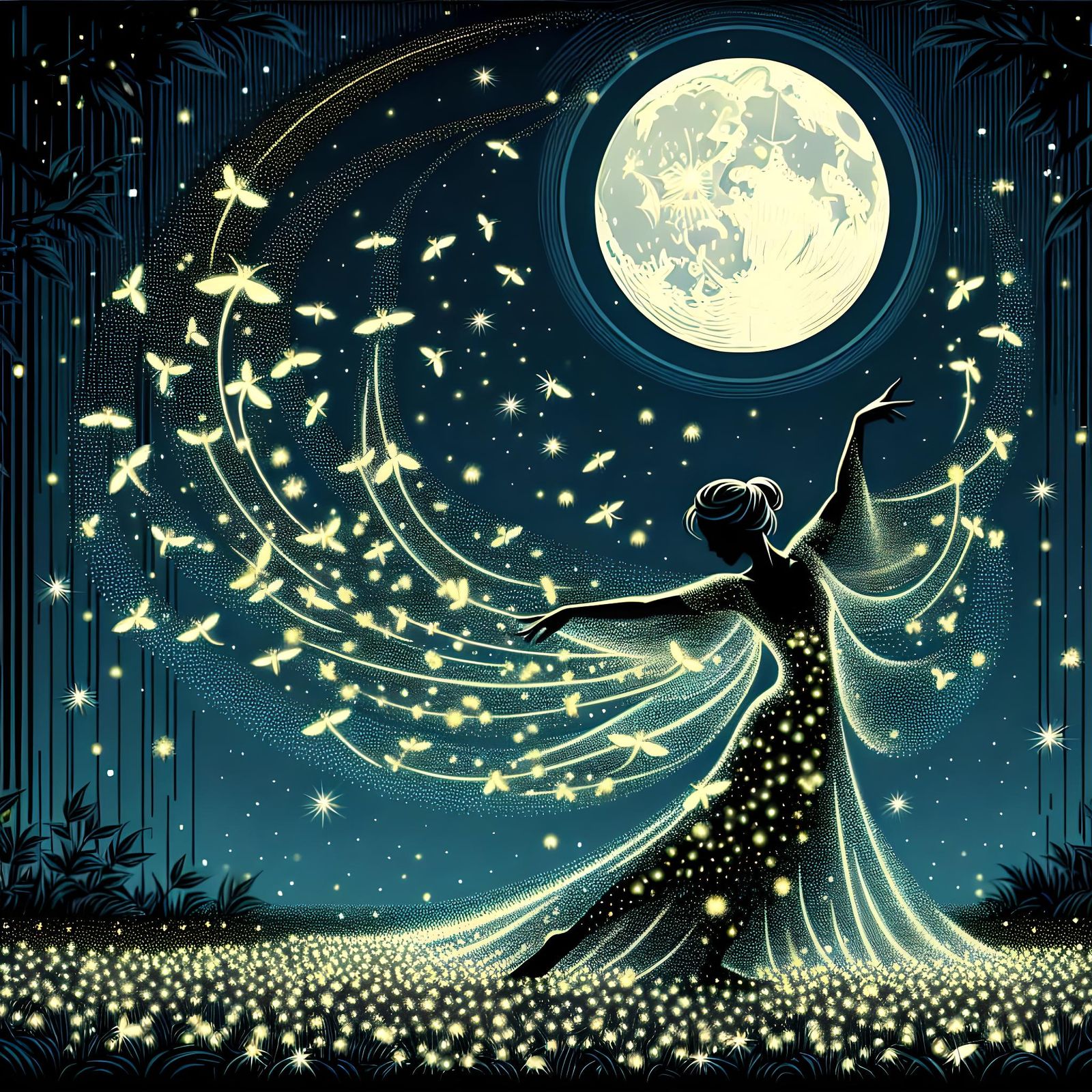 Firefly Dancer in Starry Ukiyo-e Night