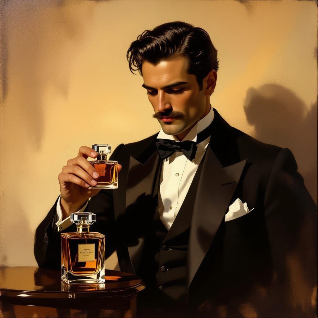 Gentleman Near Perfume Bottle in Warm, Painterly Light