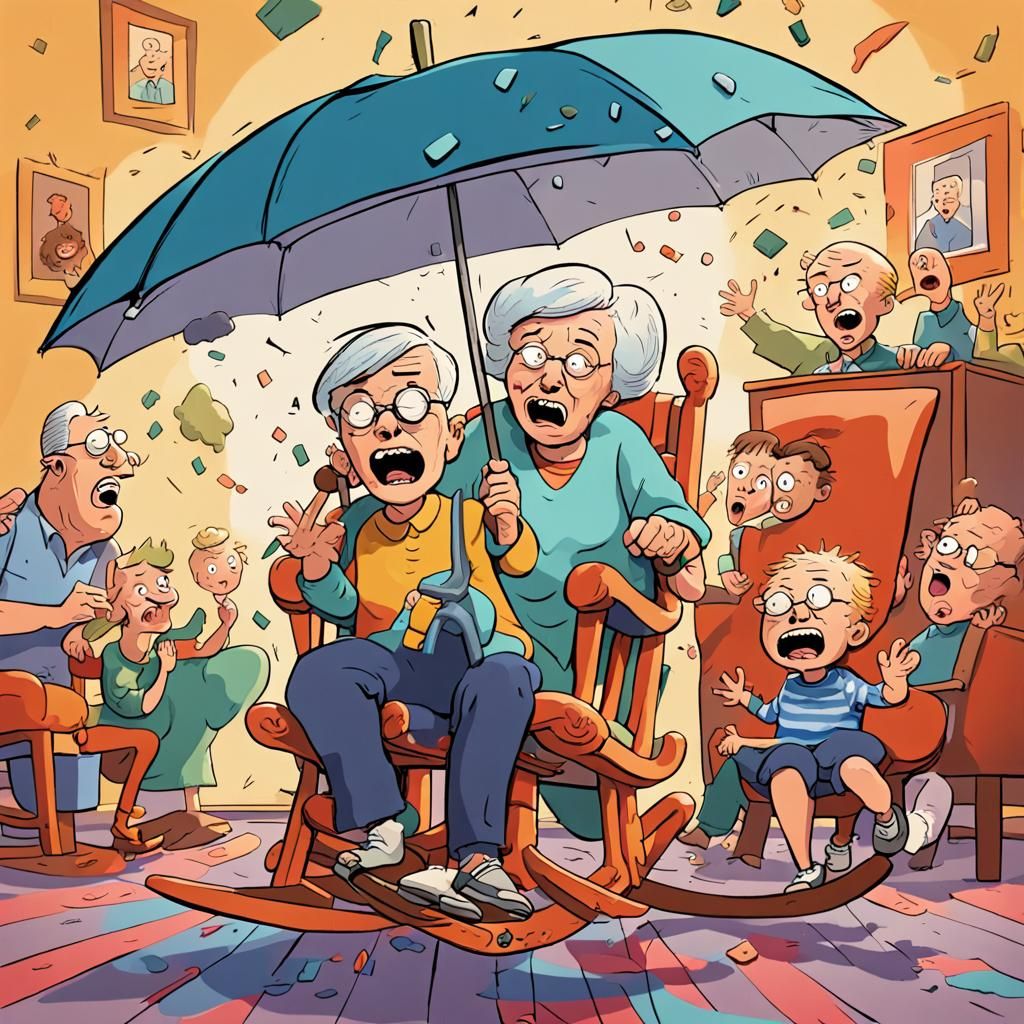 Cartoon Chaos: Boy Opens Umbrella Indoors