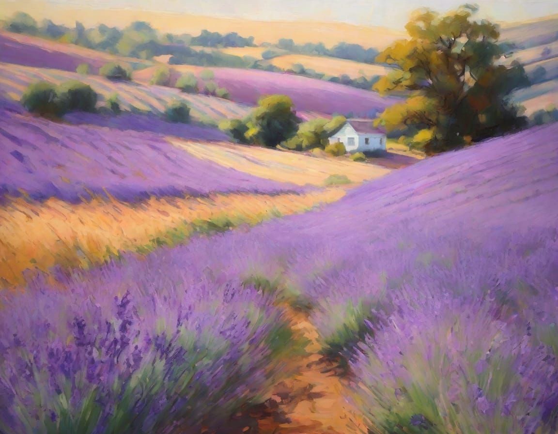 Impressionist Lavender Fields in Pastel Gouache Style