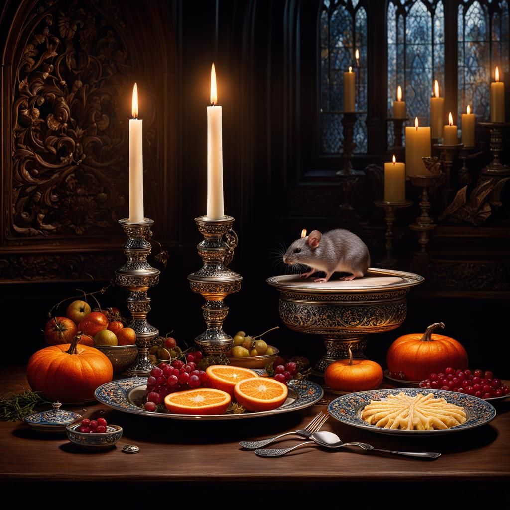 Photorealistic Candlelit Gothic Still Life with Mouse