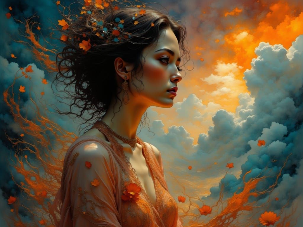 Mystical Woman Portrait with Fire Sky Reflection