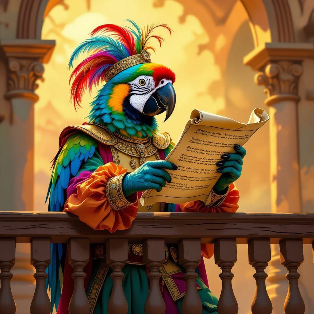 Parrot Reciting Scroll in Renaissance Costume, Theatrical Li...