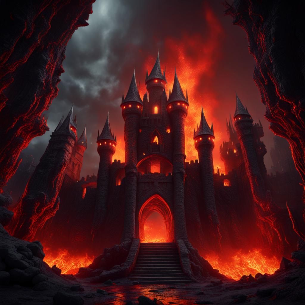 Infernal Demon Castle in Hell, Detailed Matte Painting