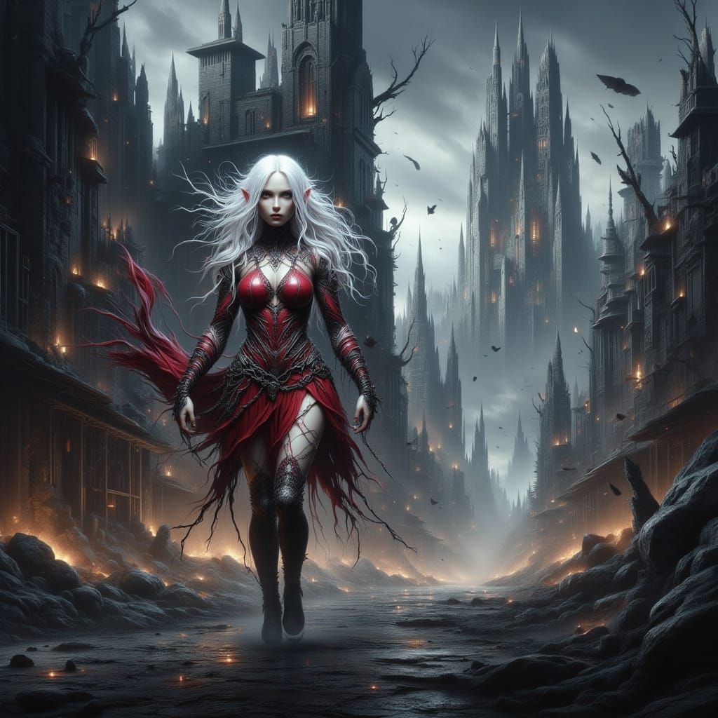 Albino Elf Maiden in Red Leather in Sinister City