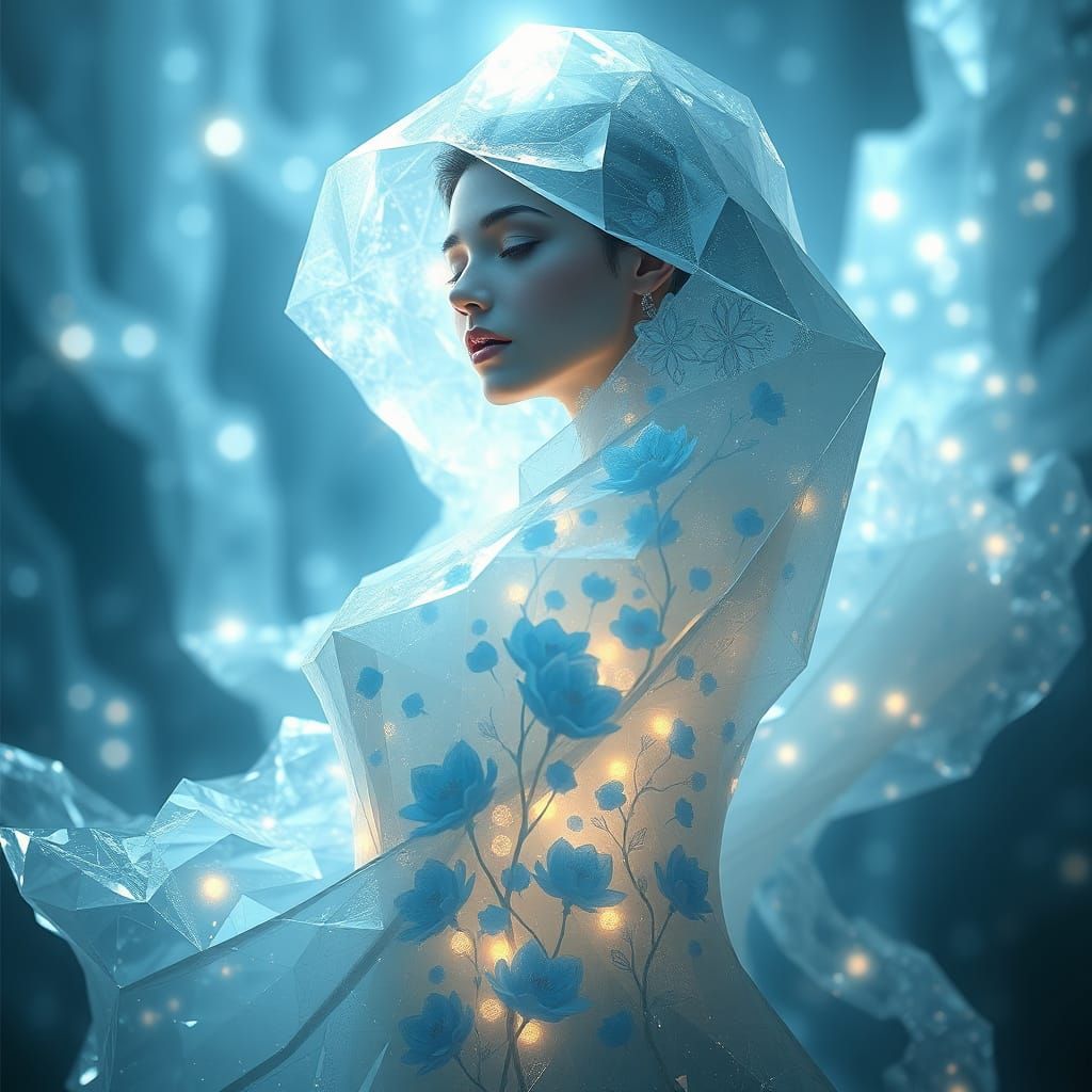 A female  figure, completely made of  blue transparent crystal , her body filled with delicate blue floral patterns that...