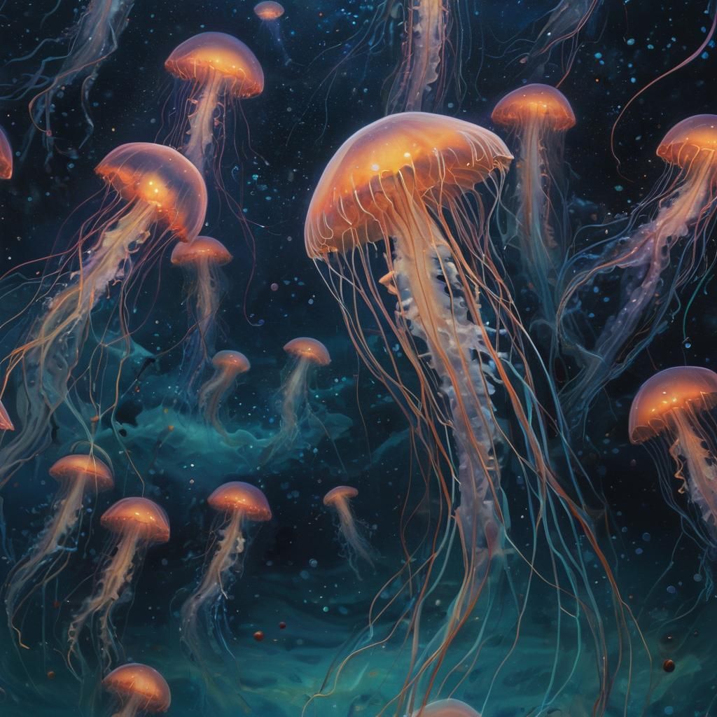 A bright Glowing jellyfish vibrant colors in a moonlit sea. Moonlight penetrates the water in beams of light. A coral re...