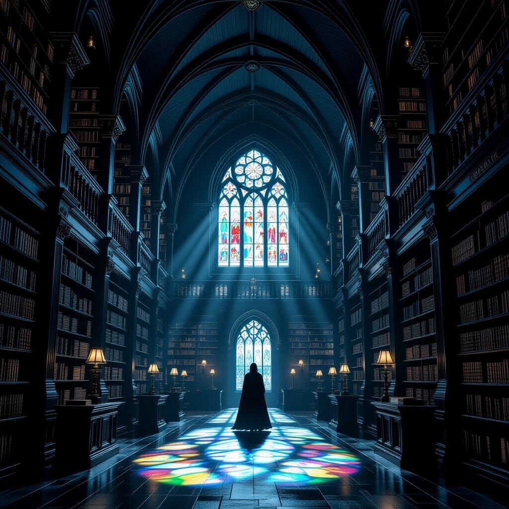 Gothic Library Interior with Spectral Librarian in Cinematic...