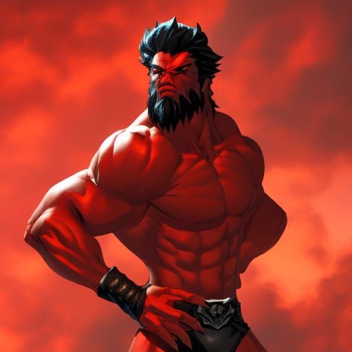 Friendly Red Demon Bodybuilder in a Night Market