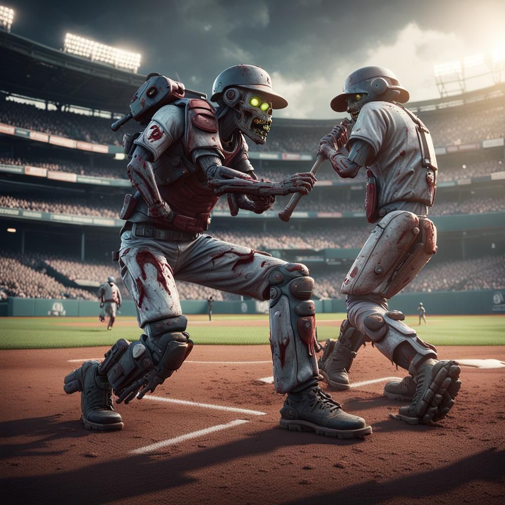 "Zombie Baseball": a scene of a baseball game where the players are all zombies, with distorted and creepy characteristi...