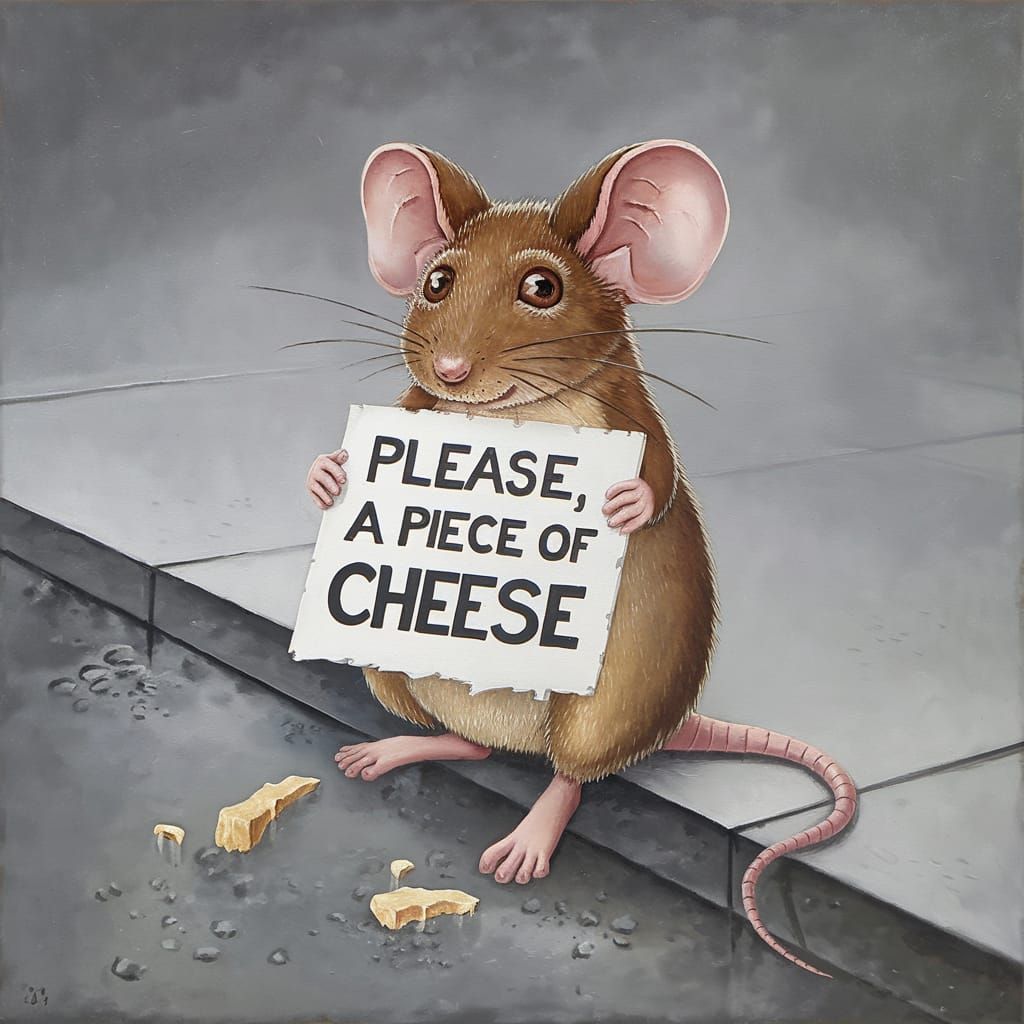 Mouse Seeks Cheese in Surreal Cityscape