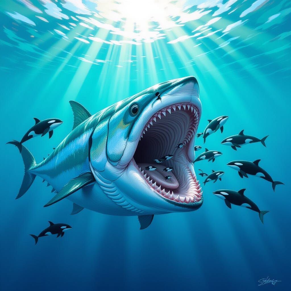 Gigantic Sardine Swallowing Orcas: Hyperrealistic Sardine Ru...