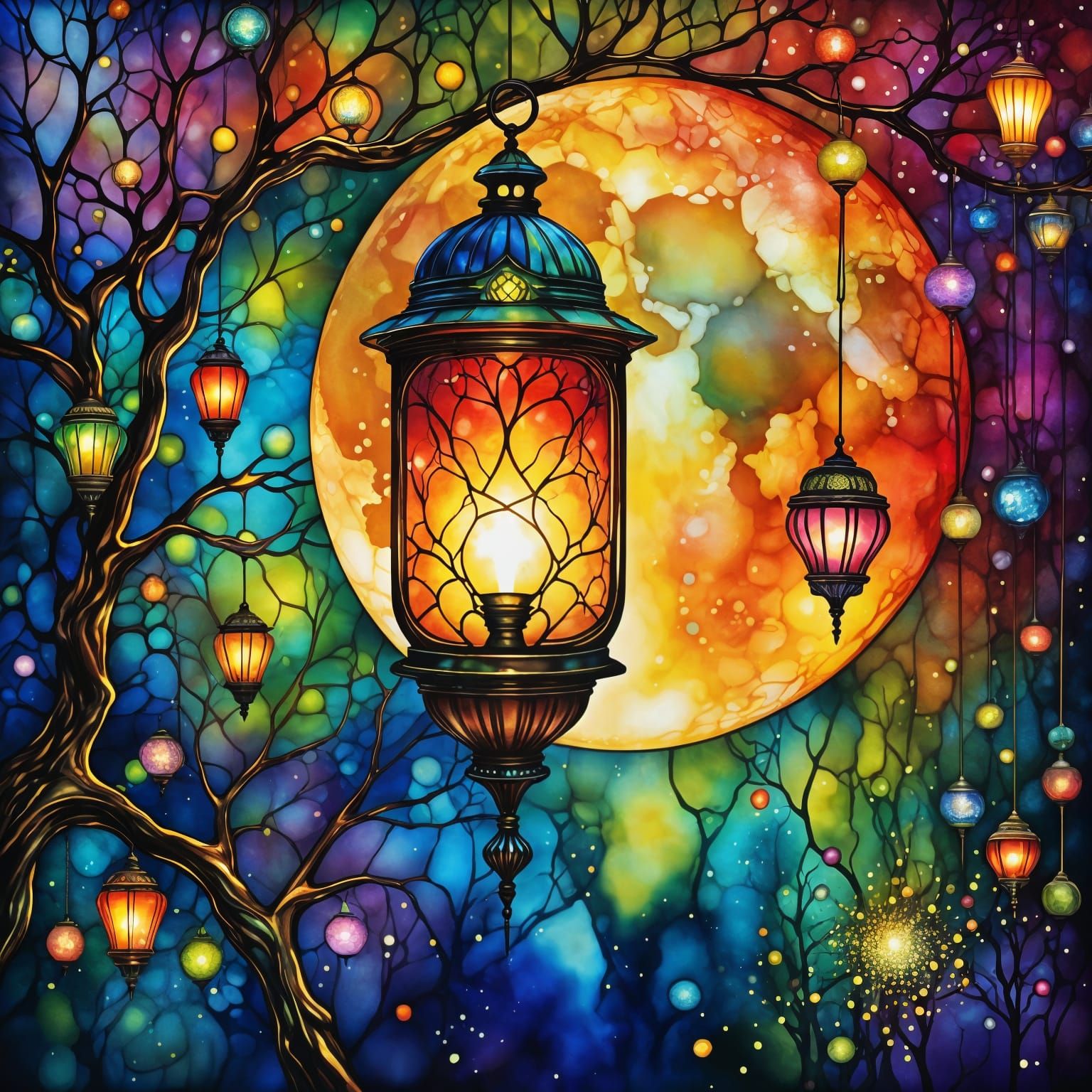 Ethereal Lanterns Dance Across a Full Moon