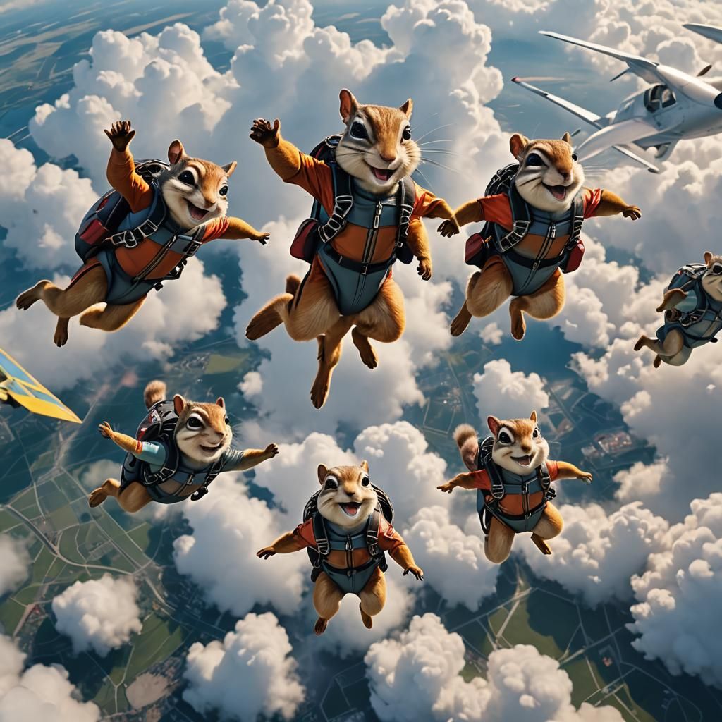 Hyperrealistic Skydiving Chipmunks in Flight