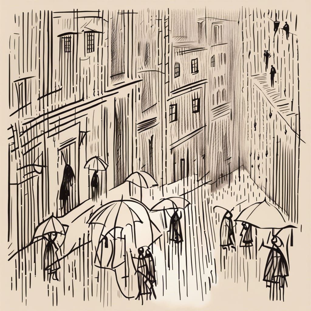 Picasso-esque Rainy Day Cityscape in Black Lines