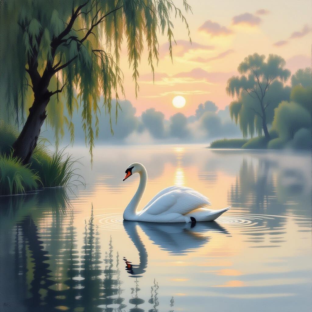 Majestic Swan on Misty Lake at Dawn Oil Painting