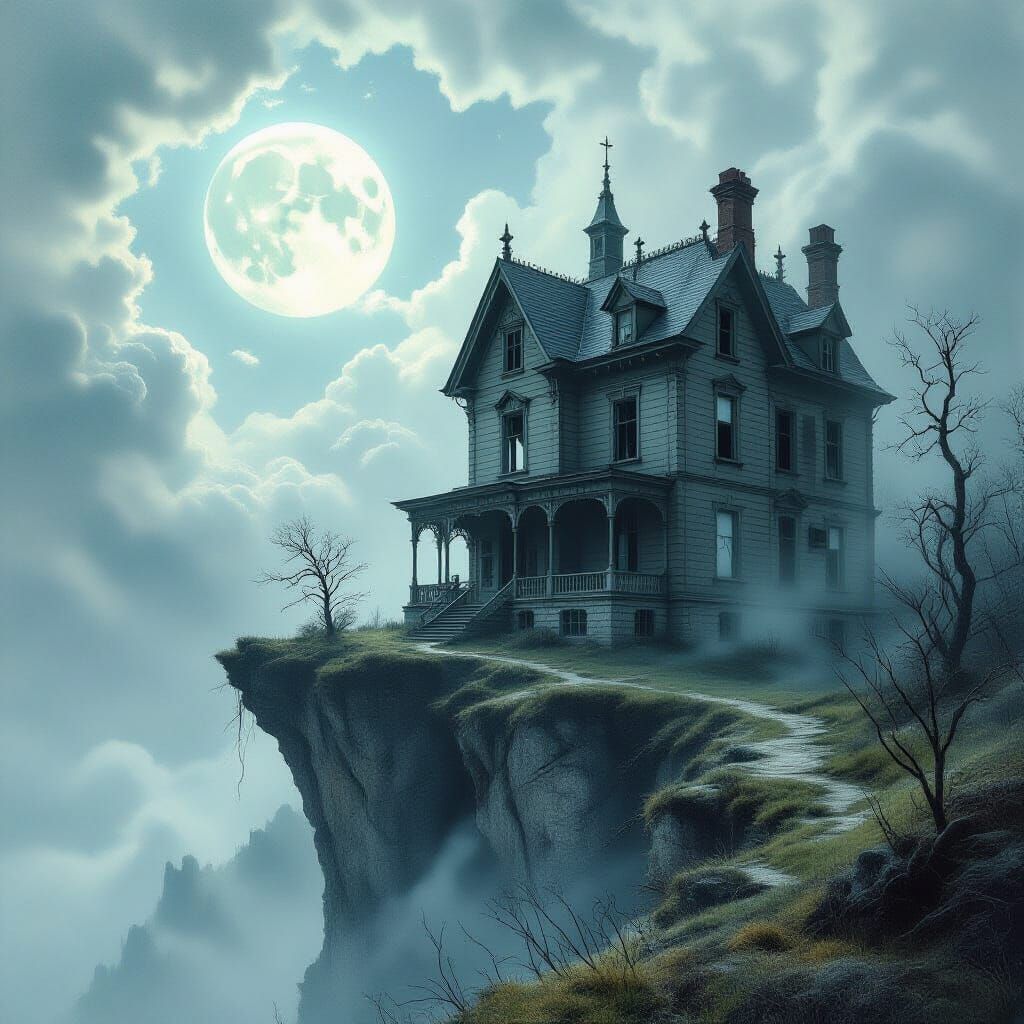 Abandoned Victorian Mansion on Cliff Edge Overlooking Cosmic...
