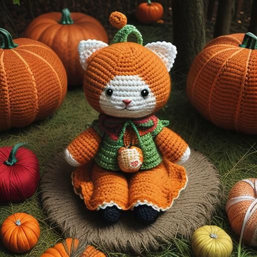 Whimsical Crochet Cat in Autumn Forest