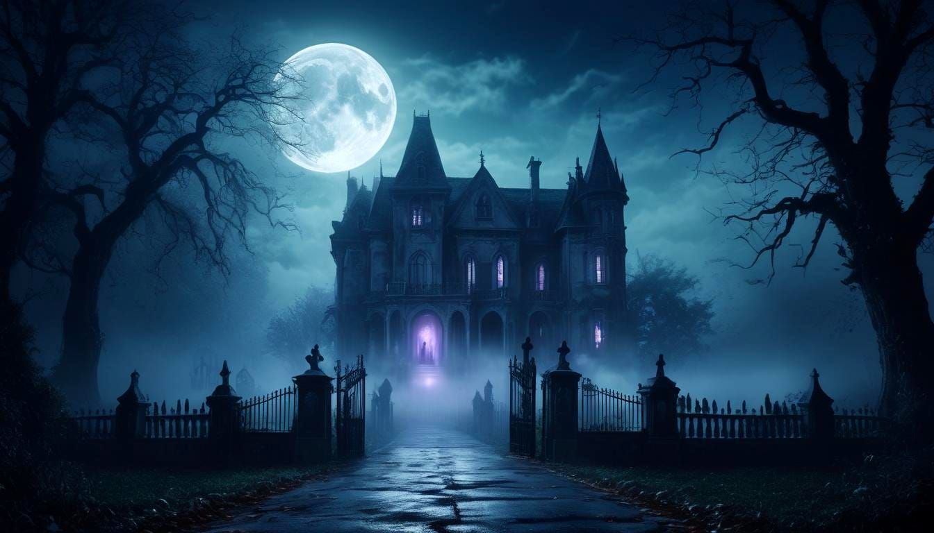 Spooky Gothic Mansion with Ghosts and Cemetery