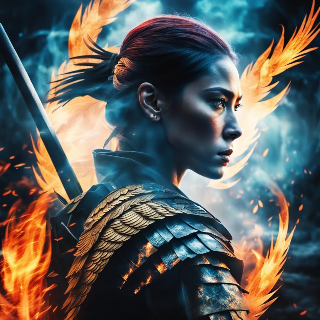 Fierce Warrior in Blazing Phoenix Double Exposure
