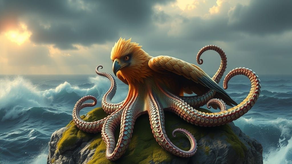 Majestic Eagle-Octopus Hybrid in Stormy Ocean