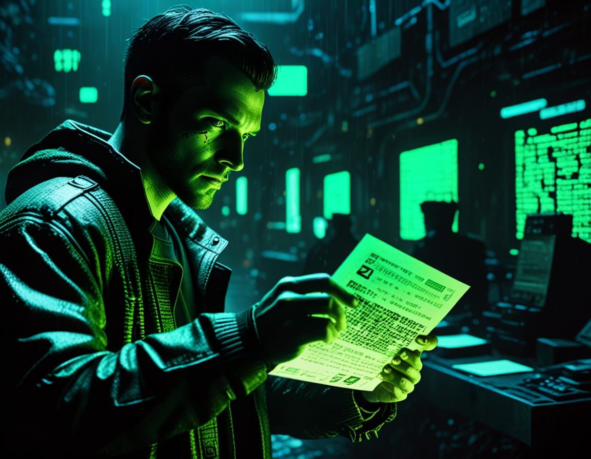 Cyberpunk Film Still: Man with Letter in Neo-Noir Lighting