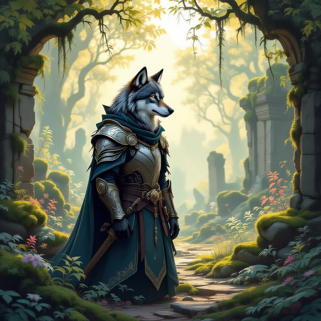 Armored Wolf Guardian in Ancient Forest Clearing