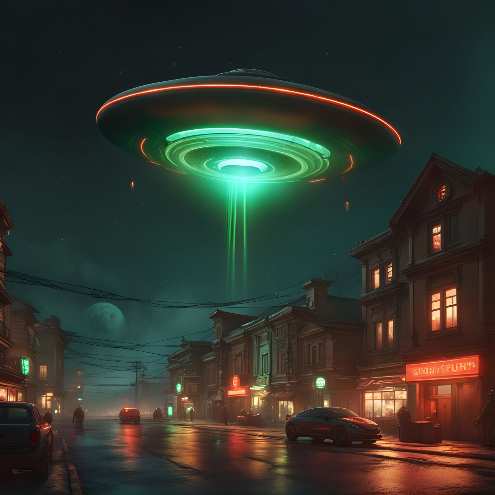UFO over Small Town: Hyperdetailed Concept Art