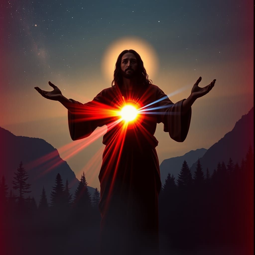 Jesus Silhouette in Twilight Forest with Cosmic Galaxies