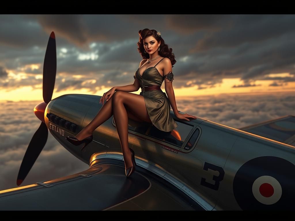 1940s Pinup Girl on Hurricane Airplane, Photorealistic