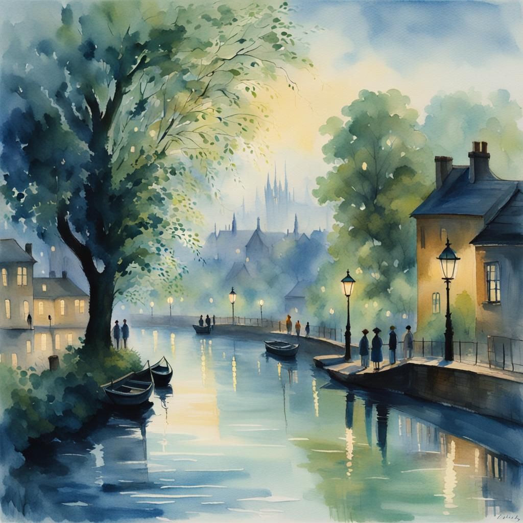 Riverside Evening in Watercolour Hues