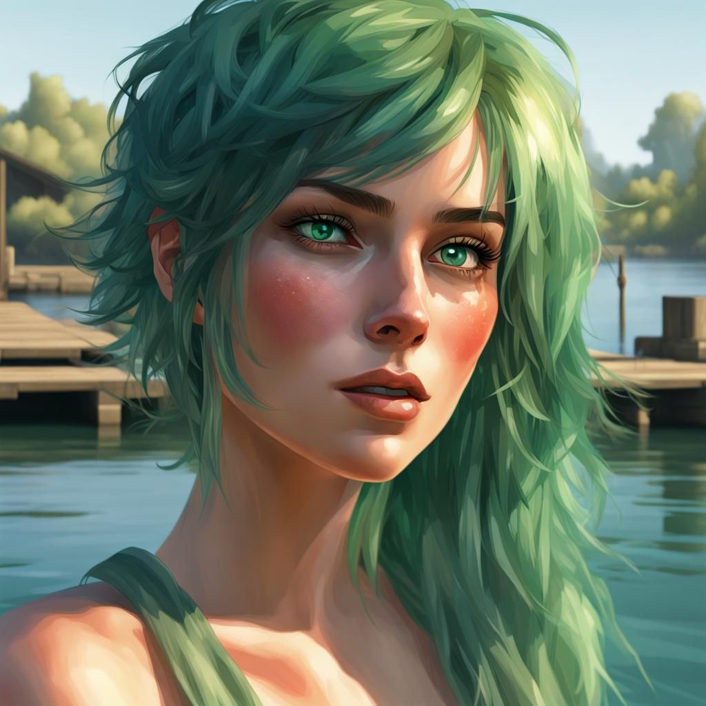 Green-Haired Woman on Dock: Watercolor Concept Art