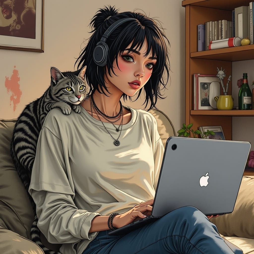 Lazy Woman Watches TV with Clingy Cat