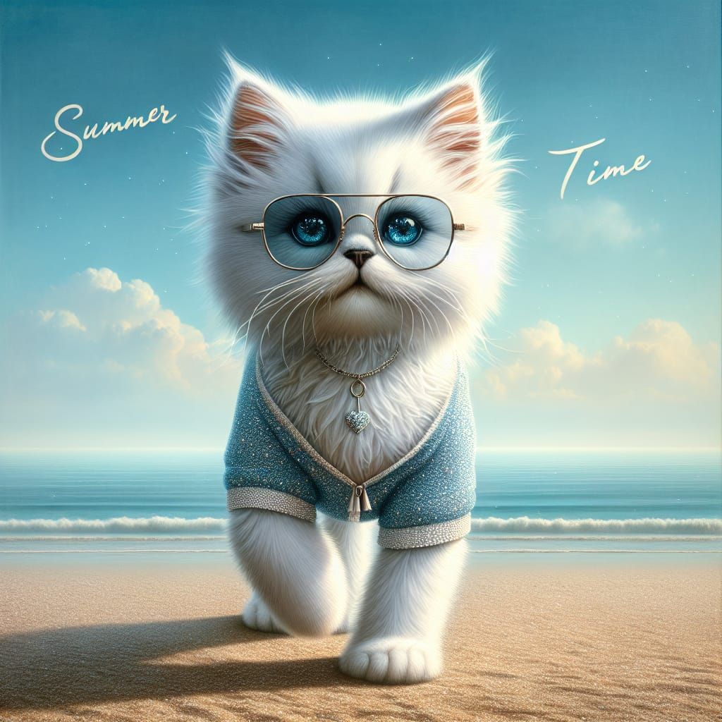 Kitten's Summer Time Beach Day in Digital Art
