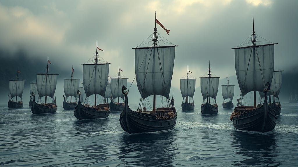 Epic Viking Longships in Dramatic Fjord Landscape