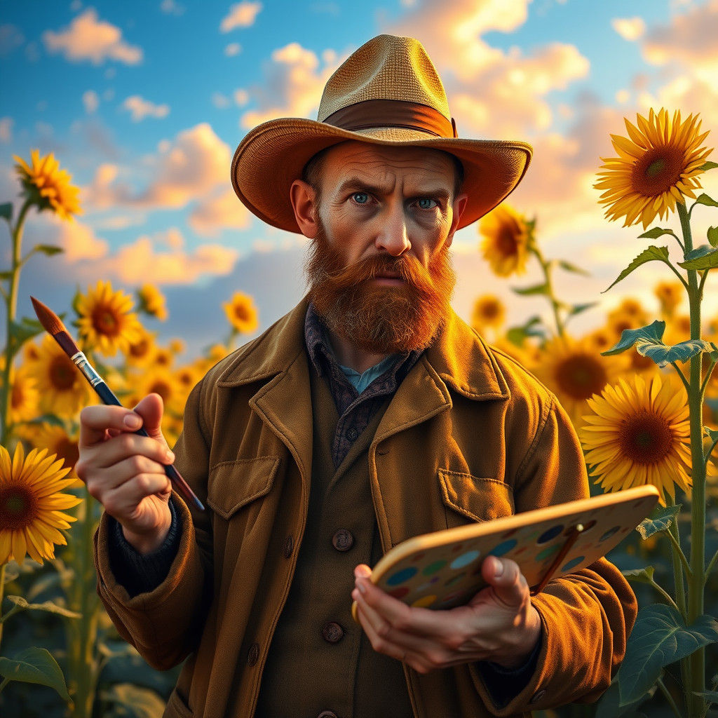 Artist in Sunflower Field: Hyperrealistic Digital Art