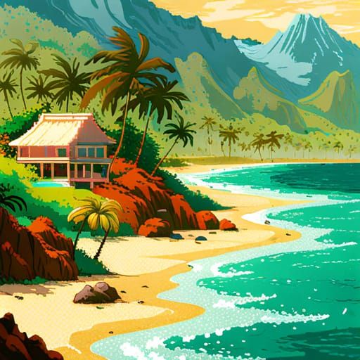 Hawaiian Beach Paradise in Retro Pixel Art