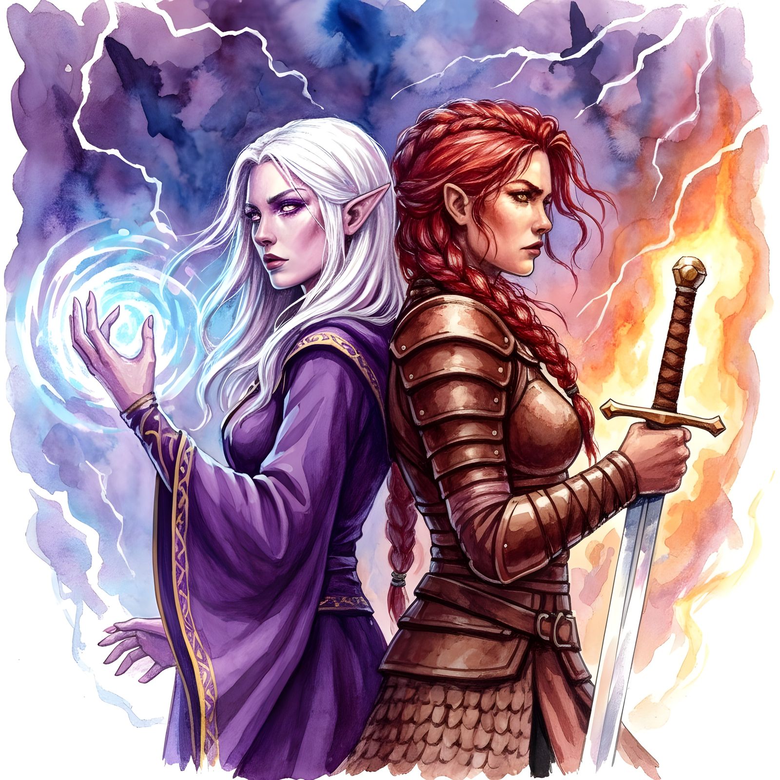 Two Female Warriors in Epic Watercolor Battle