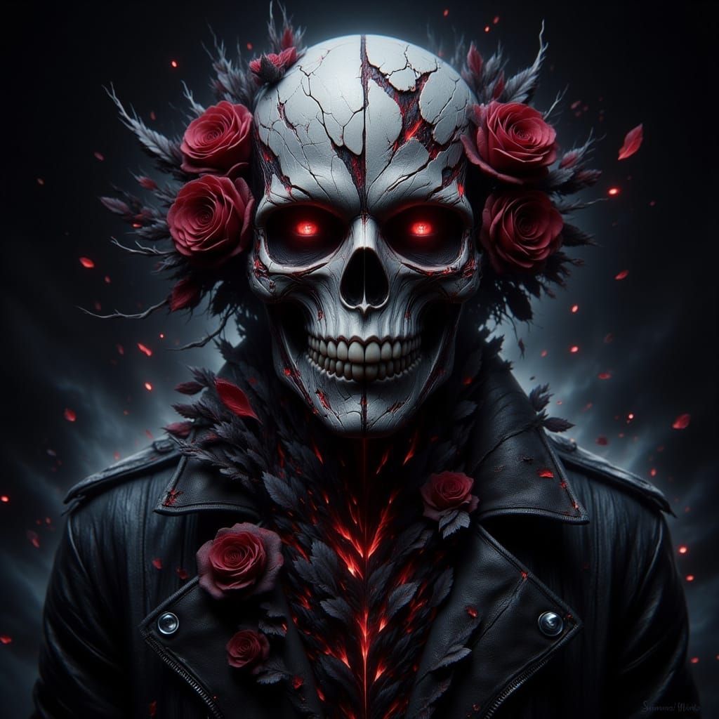 Skull with Roses in Futuristic Noir Style