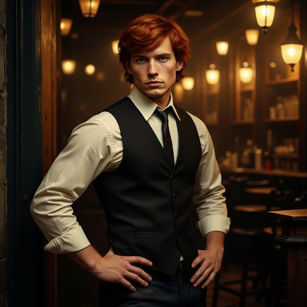 Handsome Redhead at Victorian Tavern Door at Night