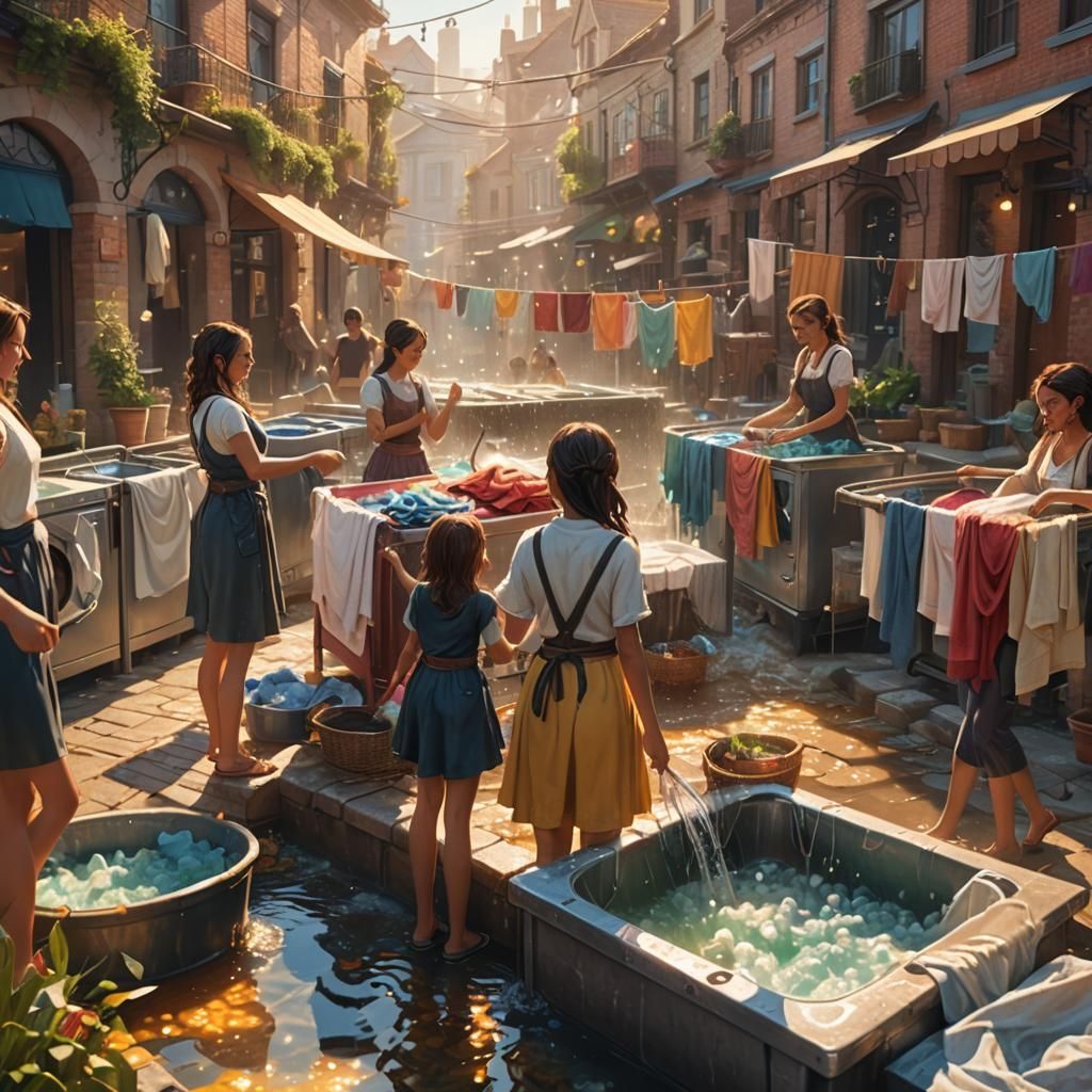 Fantasy Town: Girls Washing Clothes, Detailed Digital Art