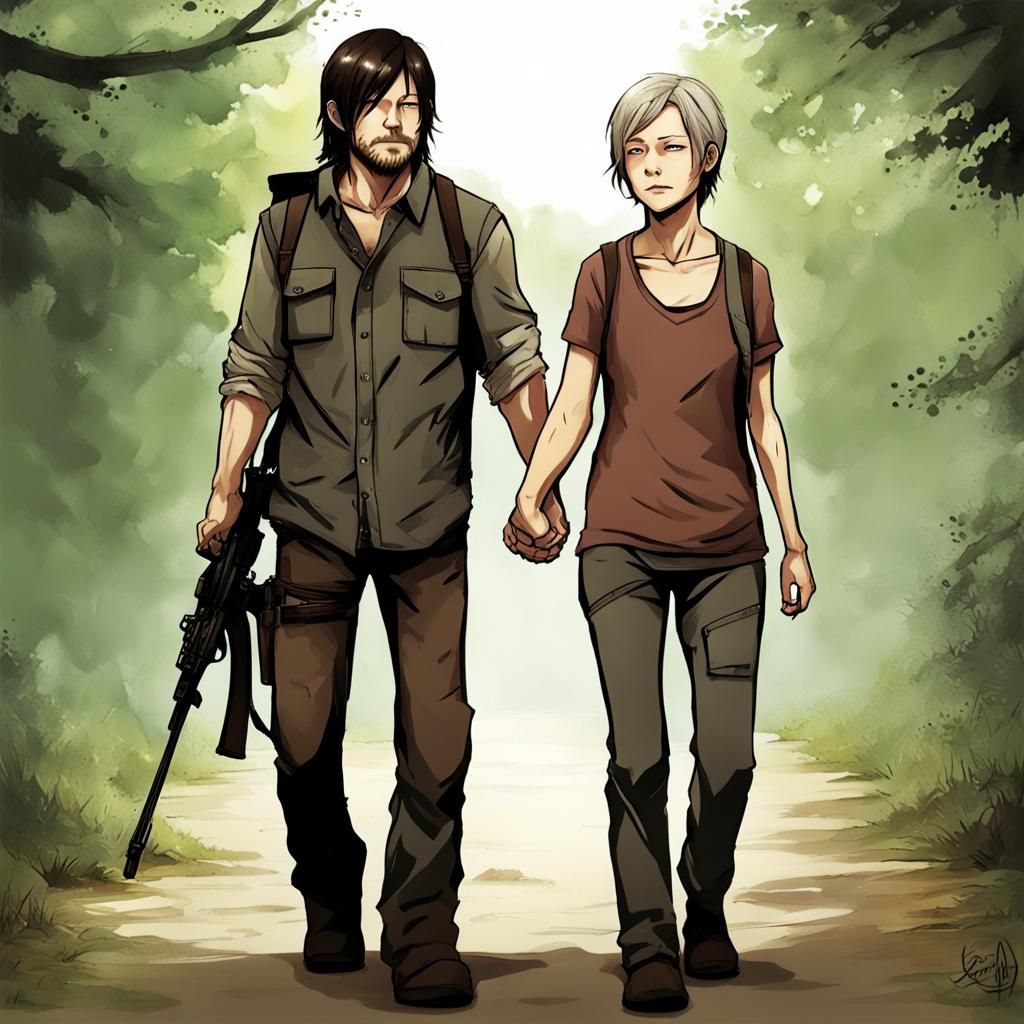 Daryl and Carol Holding Hands in Anime Style