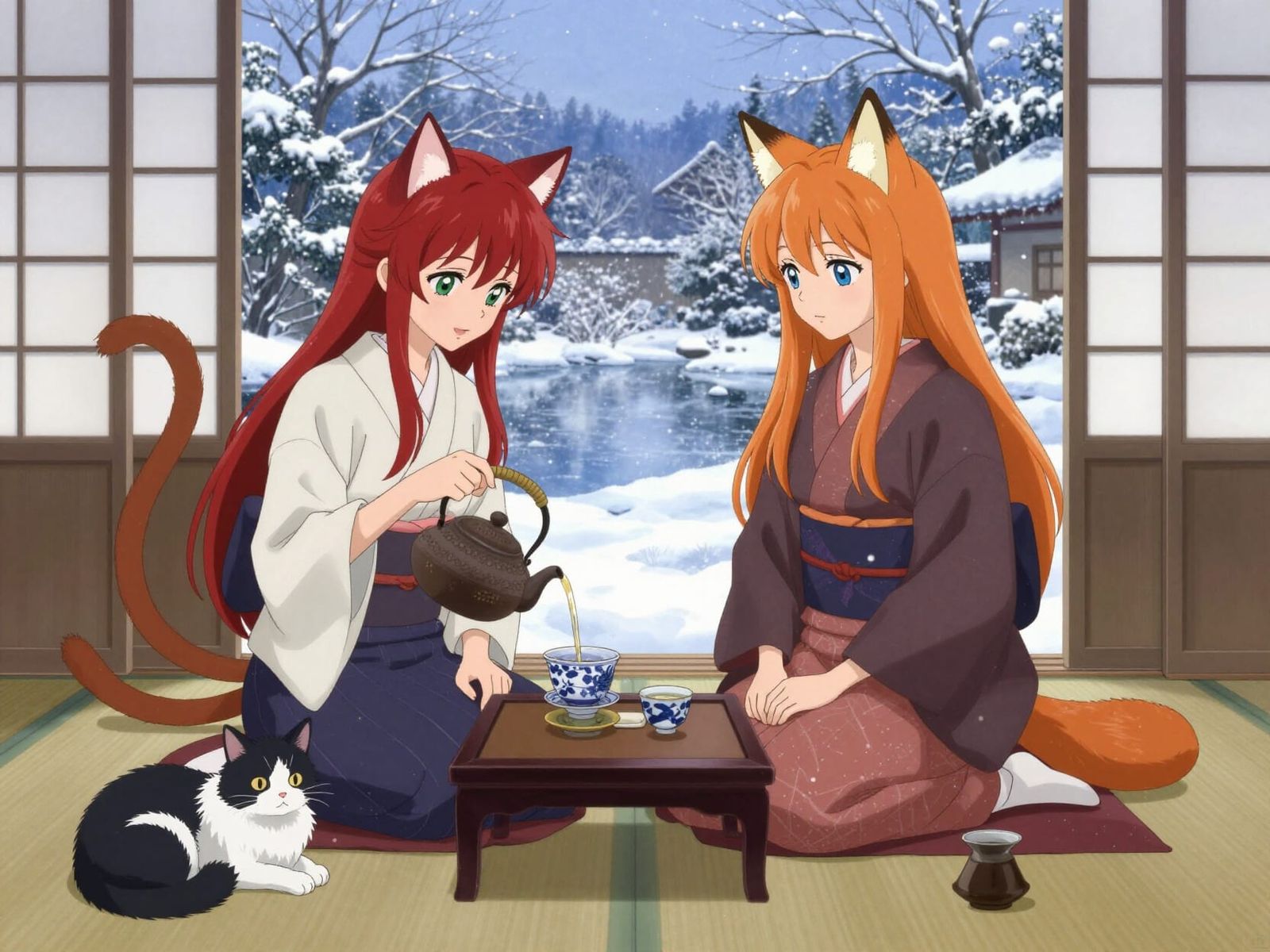 Anime Tea Ceremony with Cat and Fox Girls