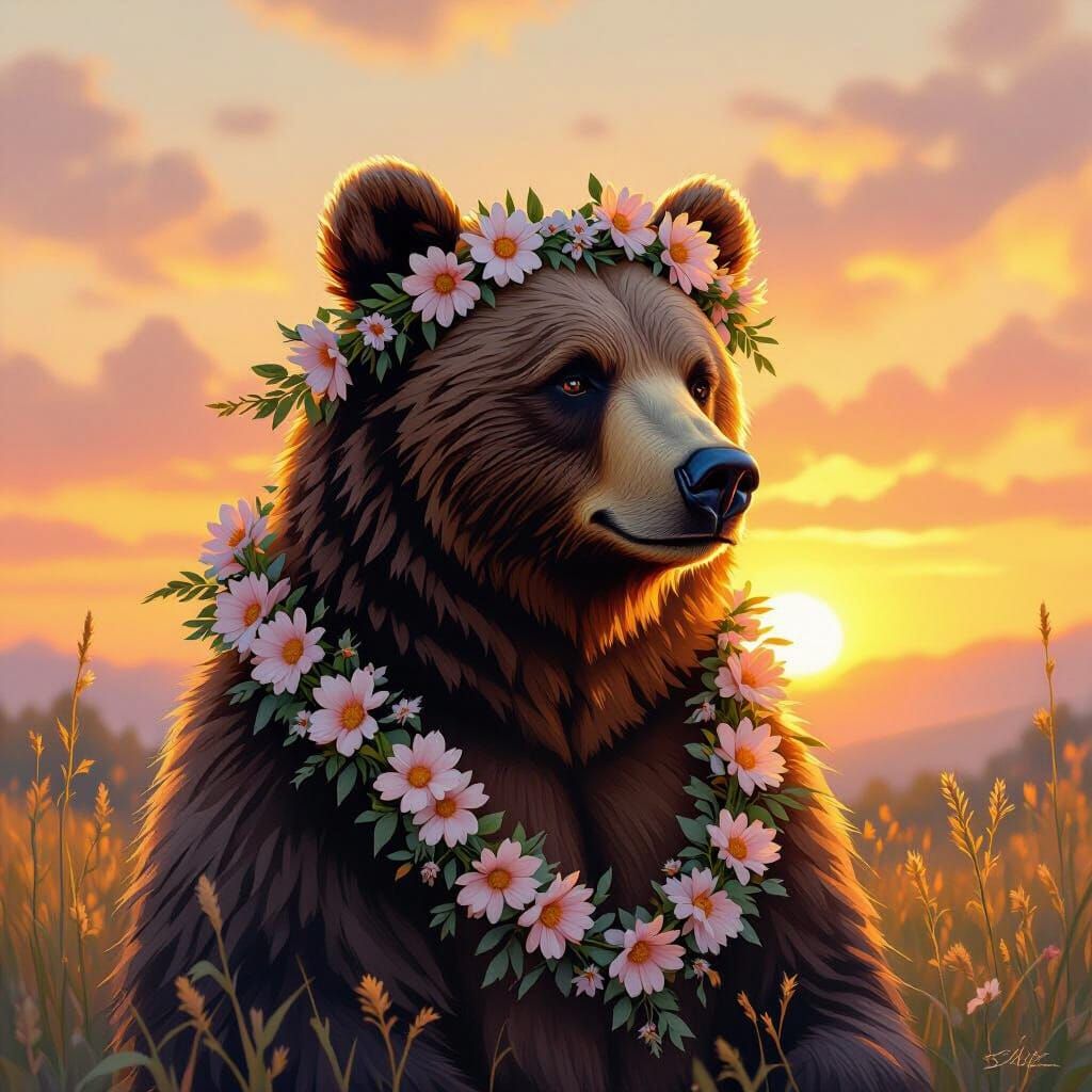 Bear in Flower Garland at Sunset