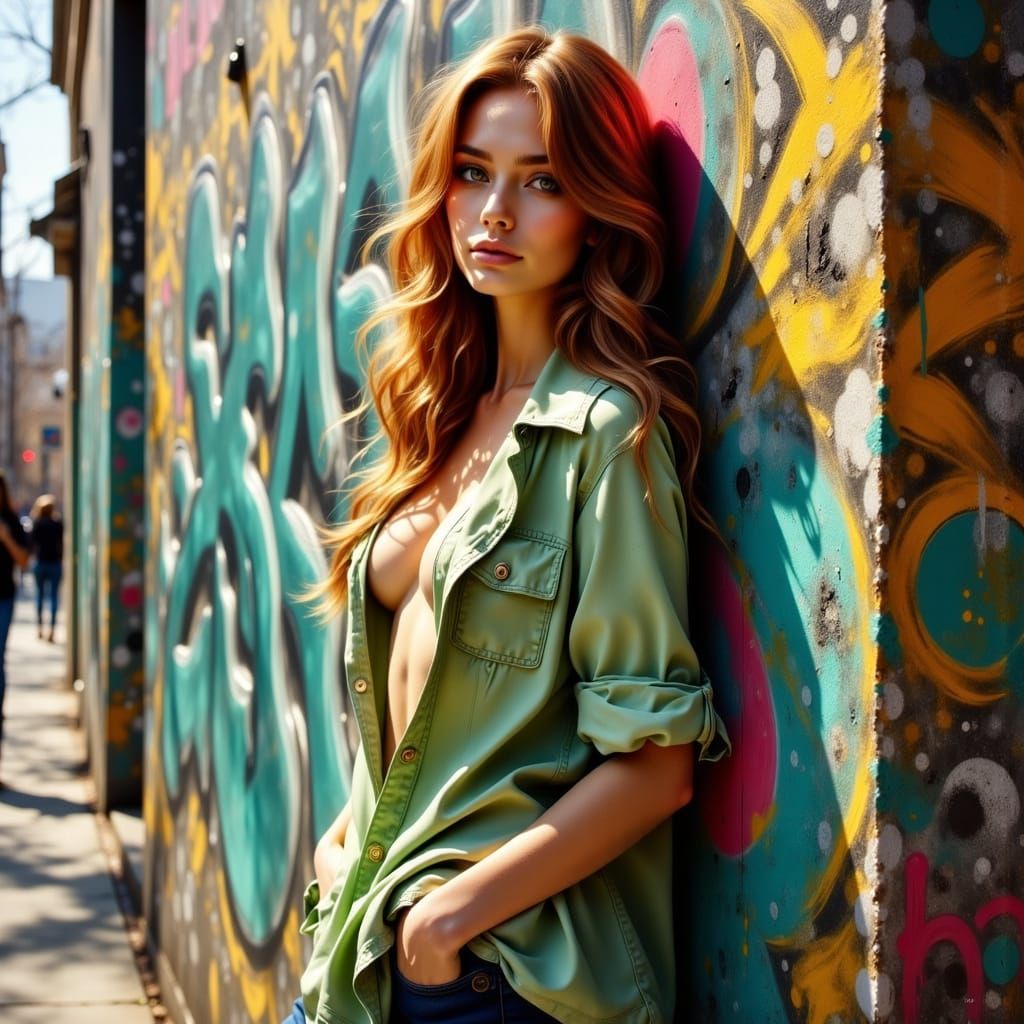 Auburn-Haired Woman in Urban Graffiti, as Oil Painting