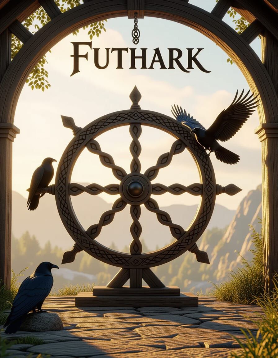 Yggdrasil and Runes with Ravens in Norse Style