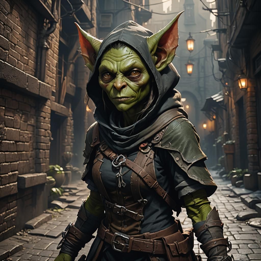 Female Goblin Rogue in Dark Alleyway
