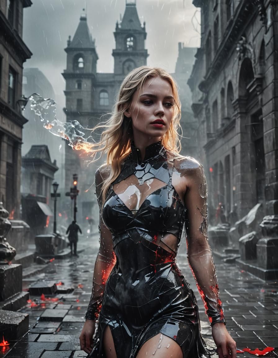 Blonde Girl with Glitch Effect in Urban Setting