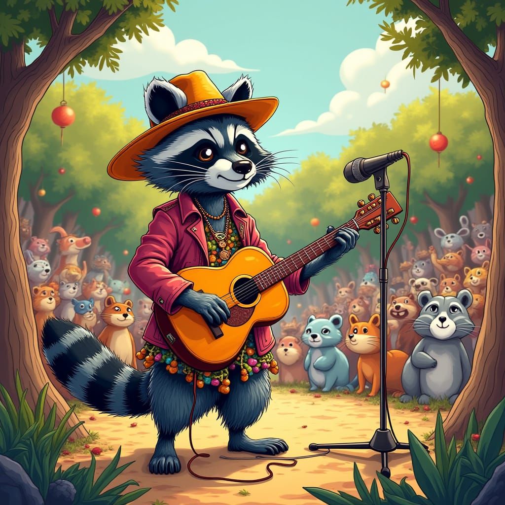Raccoon Hippie Concert in Quentin Blake Style
