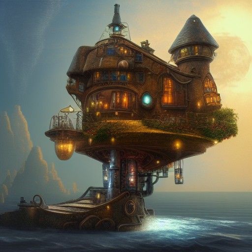 Steampunk Floating Island House: Astral Cosmic Illustration